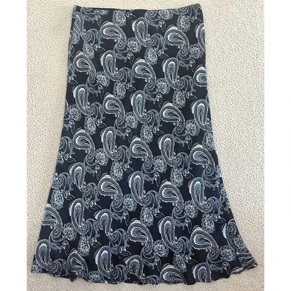 Vintage Silk Maxi Skirt Womens Size 12 Paisley Slip Black Contrast Flowing Midi - Picture 1 of 16